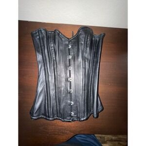 Black Leather Corset Bustier Front‎ Button Back Lace Up Goth Punk Cosplay